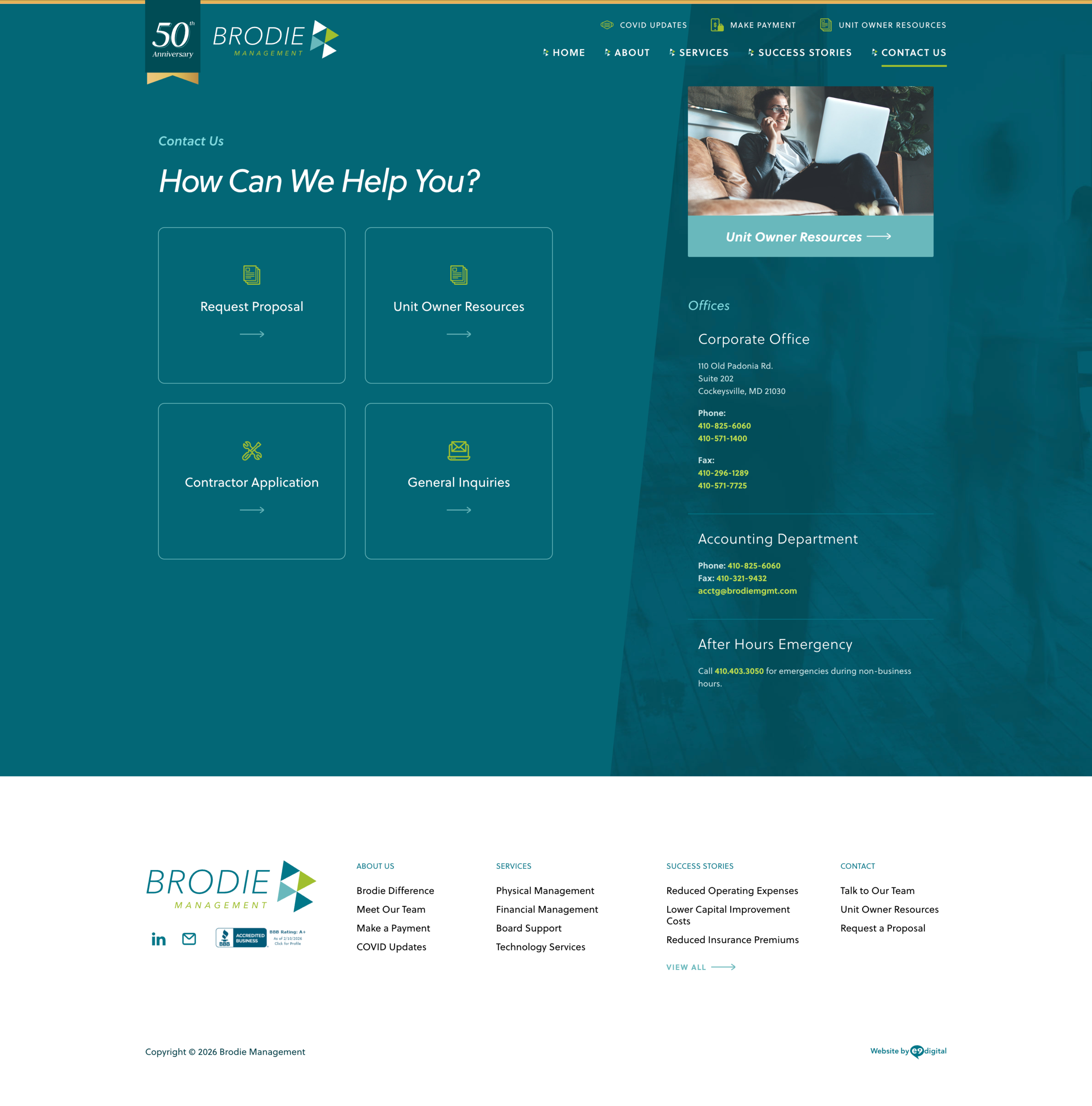 Screenshot of Brodie Management’s “Contact Us” page displaying contact options, office information, departmental contacts, and links to resources in a teal and white layout.