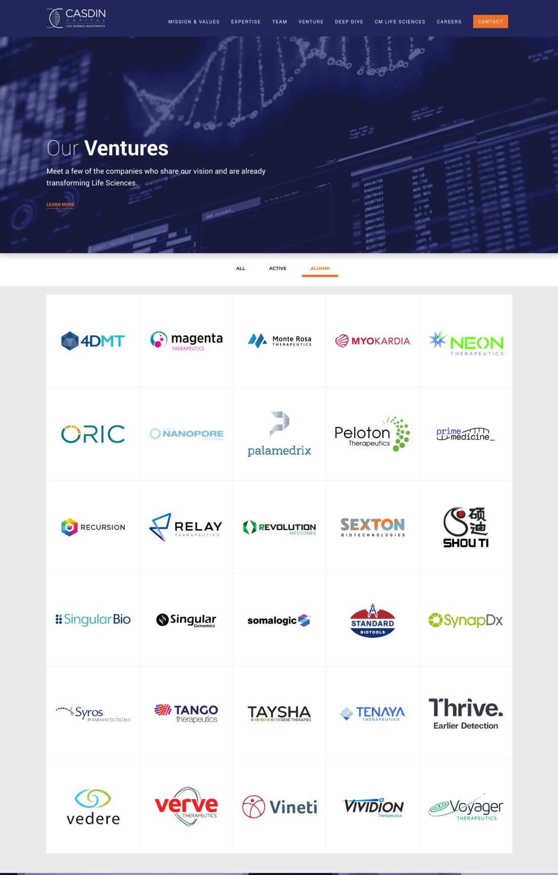A webpage titled "Our Ventures" displays logos of various companies in a grid layout, under a filter menu with options: All, Active, and Alumni.