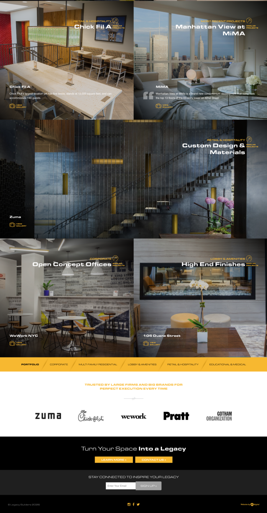 A website homepage showcases interior design projects, including residential and office spaces, with modern furniture, custom finishes, and featured partners’ logos at the bottom.