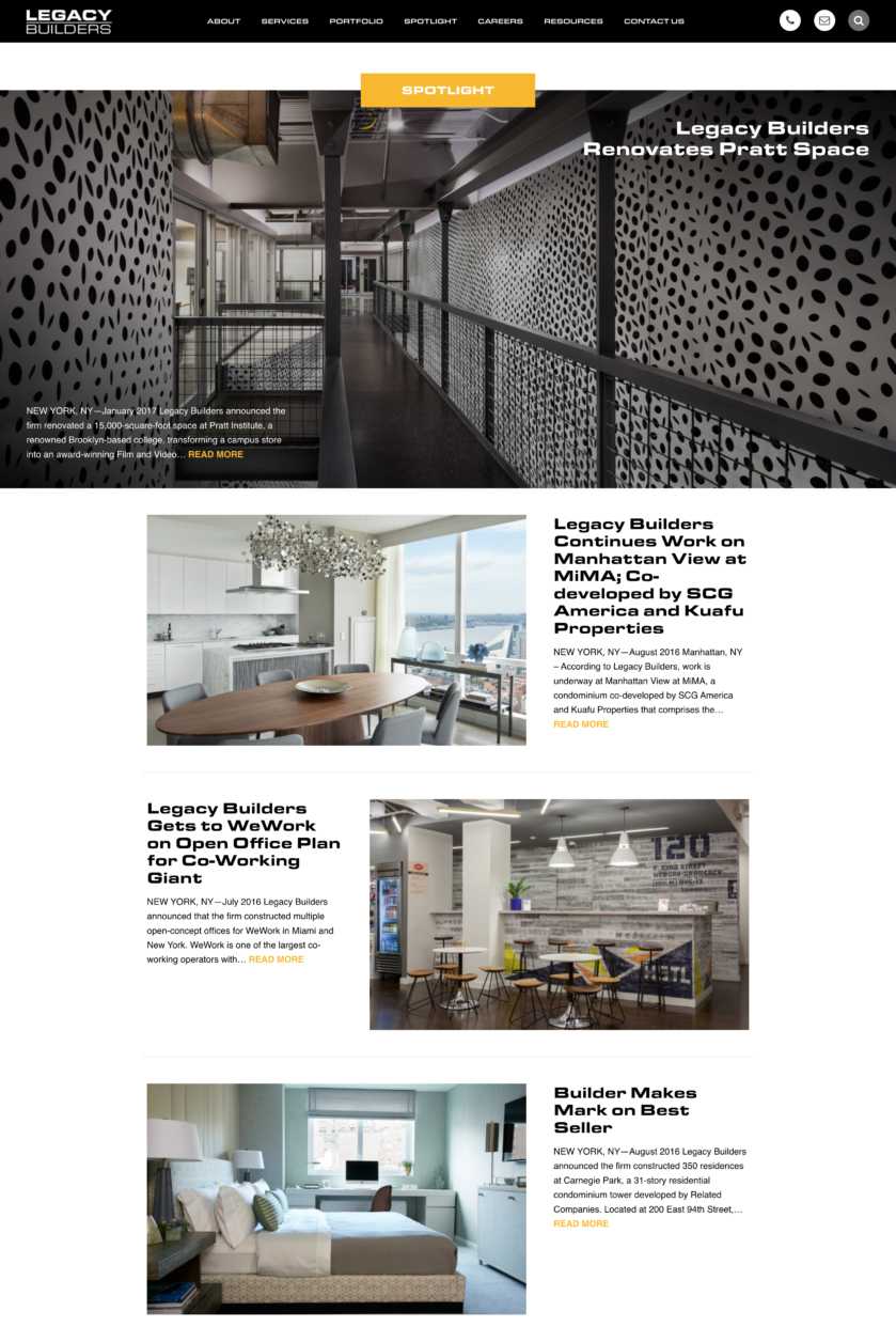 Screenshot of a modern architecture firm's website featuring project news, images of office interiors, and navigation menu at the top.