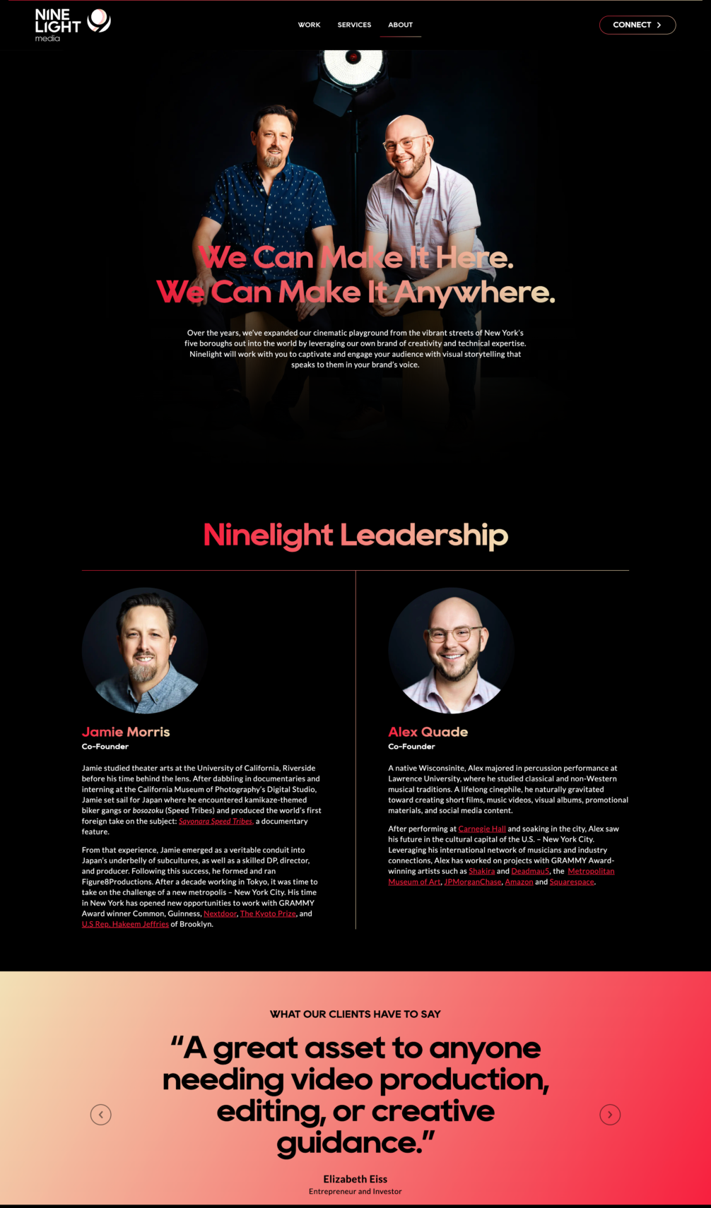 Two men pose together at the top of a video production company’s website, with headshots and bios for two leaders below, and a client testimonial at the bottom.