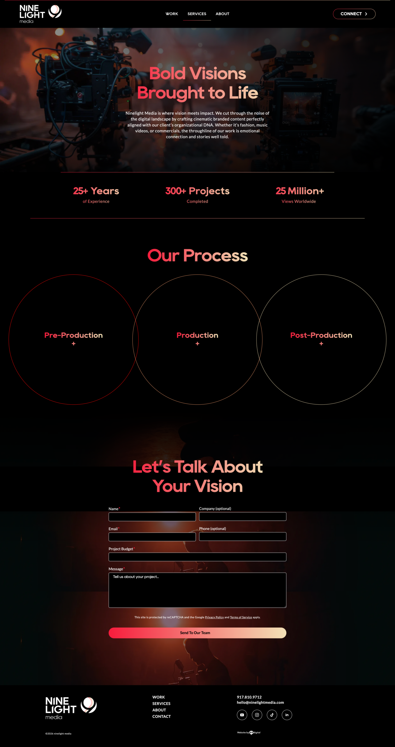 Screenshot of a video production company's website showing stats, a three-step process diagram, and a contact form, with a dark theme and bold red and white text.