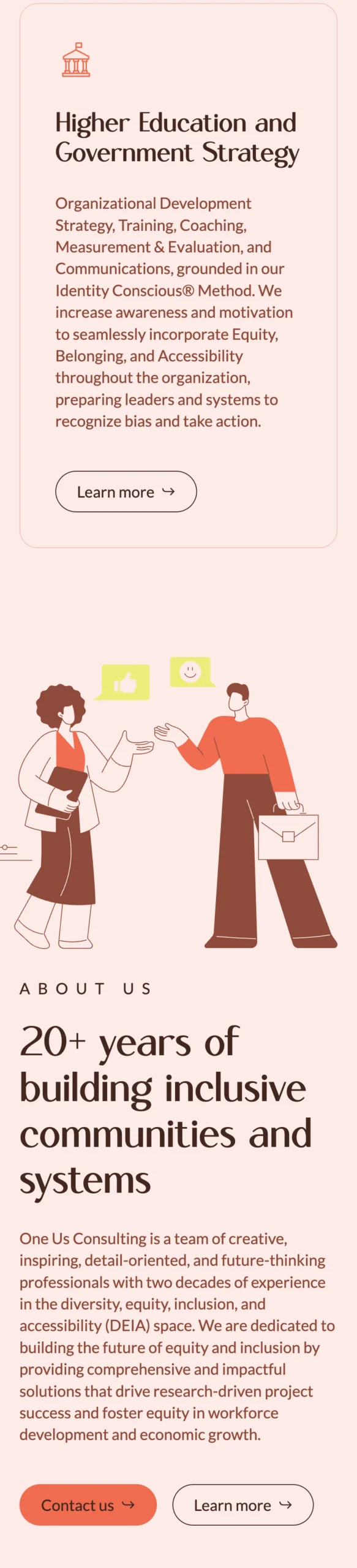 A website section with text about higher education and government strategy, and 20+ years of building inclusive communities, illustrated with two people interacting.