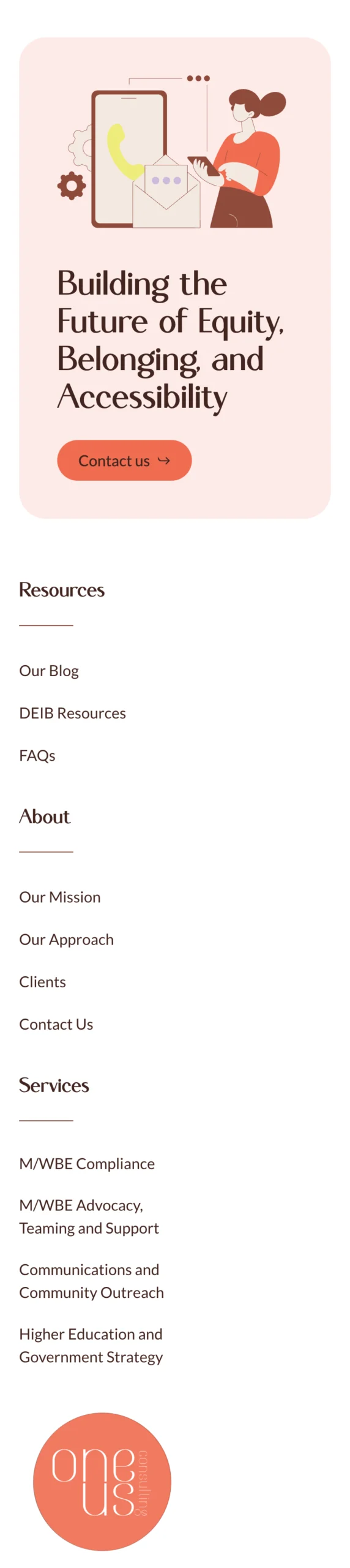 Screenshot of a website section with a header about equity, belonging, and accessibility, a "Contact us" button, and navigation links for resources, about, services, and a logo at the bottom.
