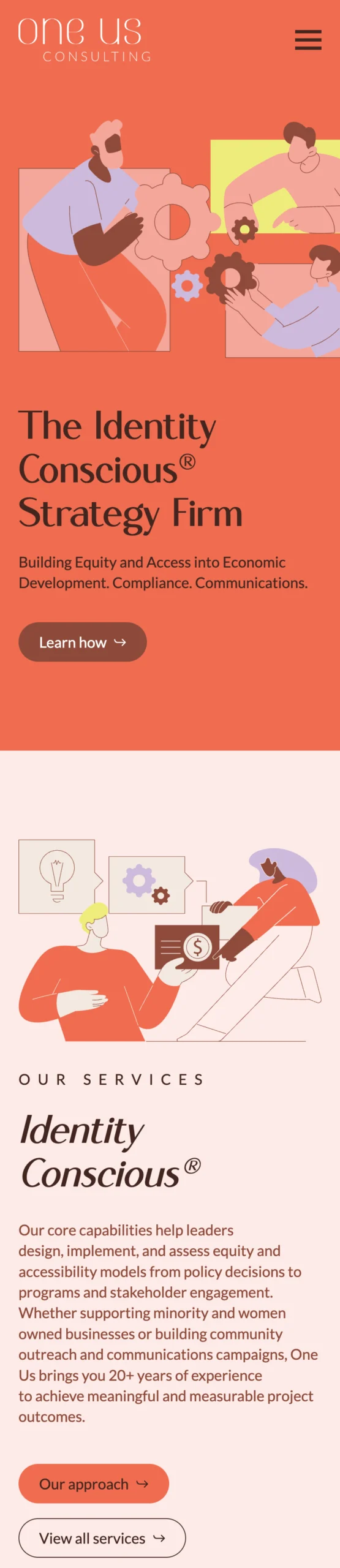 Screenshot of One Us Consulting website displaying illustrated people, the firm's slogan, service descriptions, and a navigation bar on a peach-colored background.