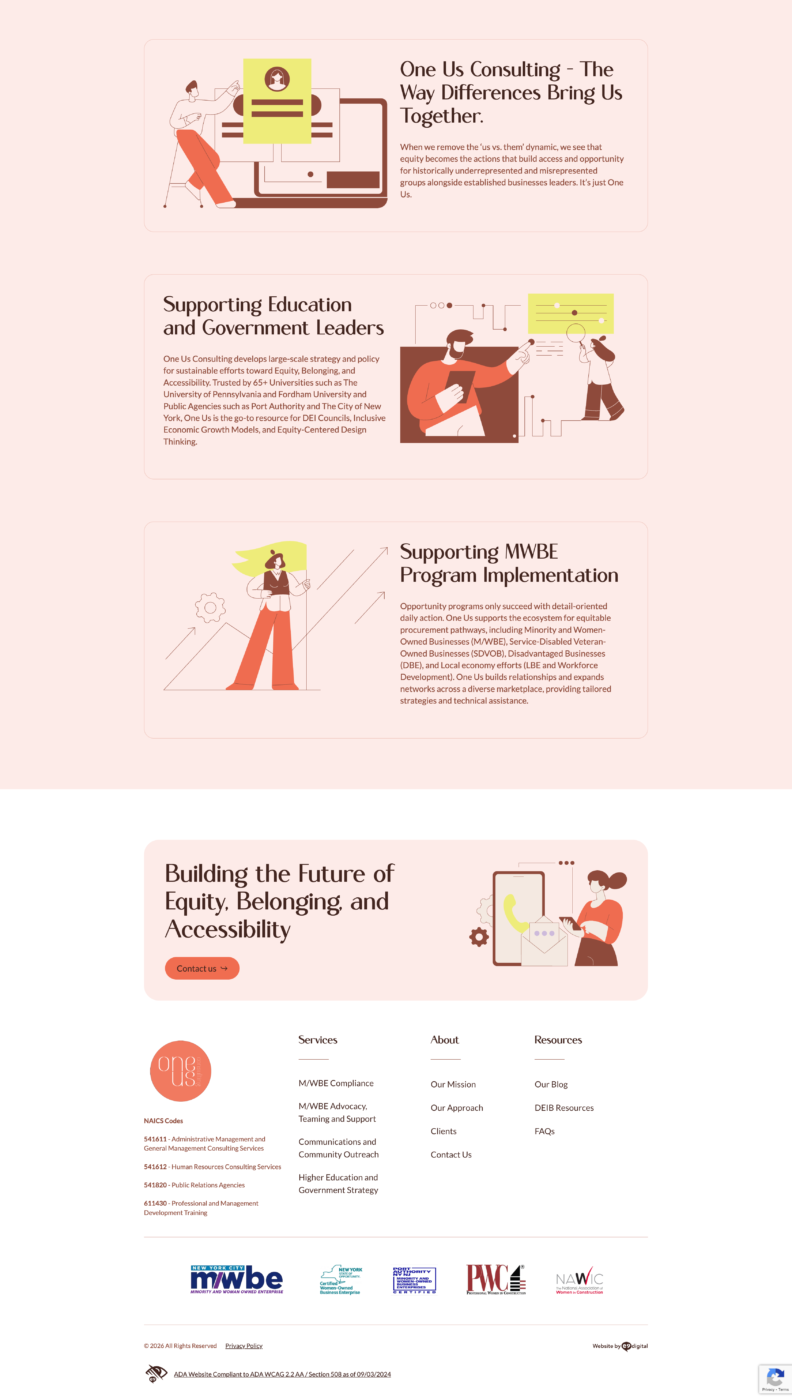 A website page displays consulting services, including education and MWBE program support, with illustrations of people and a footer containing contact details and partner logos.