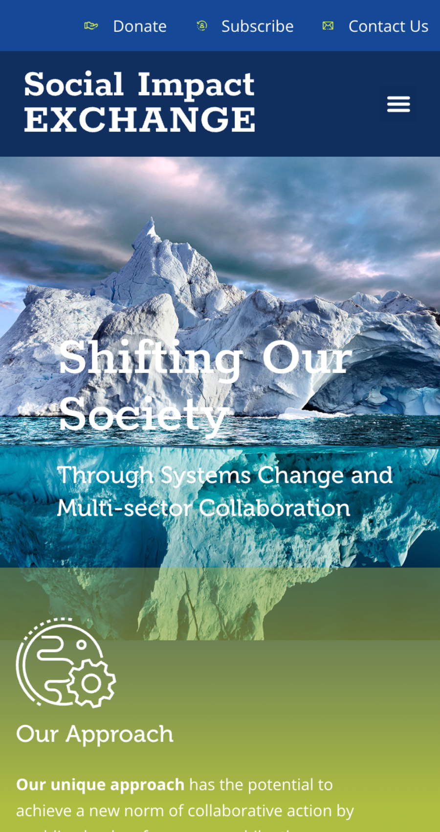 Social Impact Exchange homepage hero featuring iceberg imagery and systems change messaging.