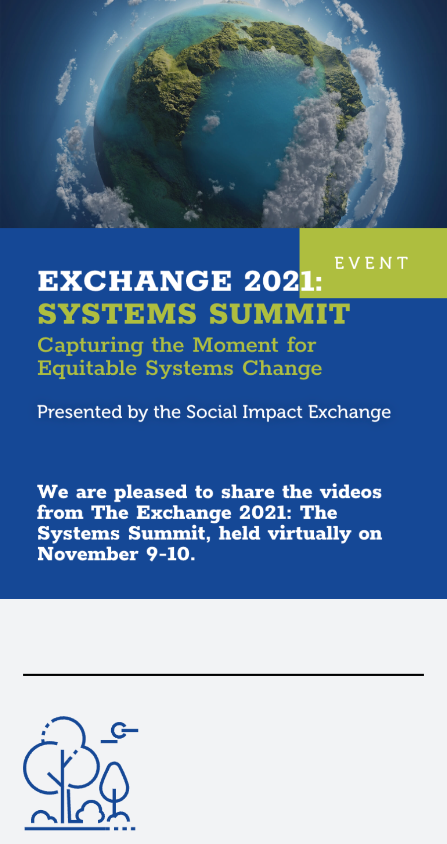 Exchange 2021 Systems Summit event section with globe graphic and event details.