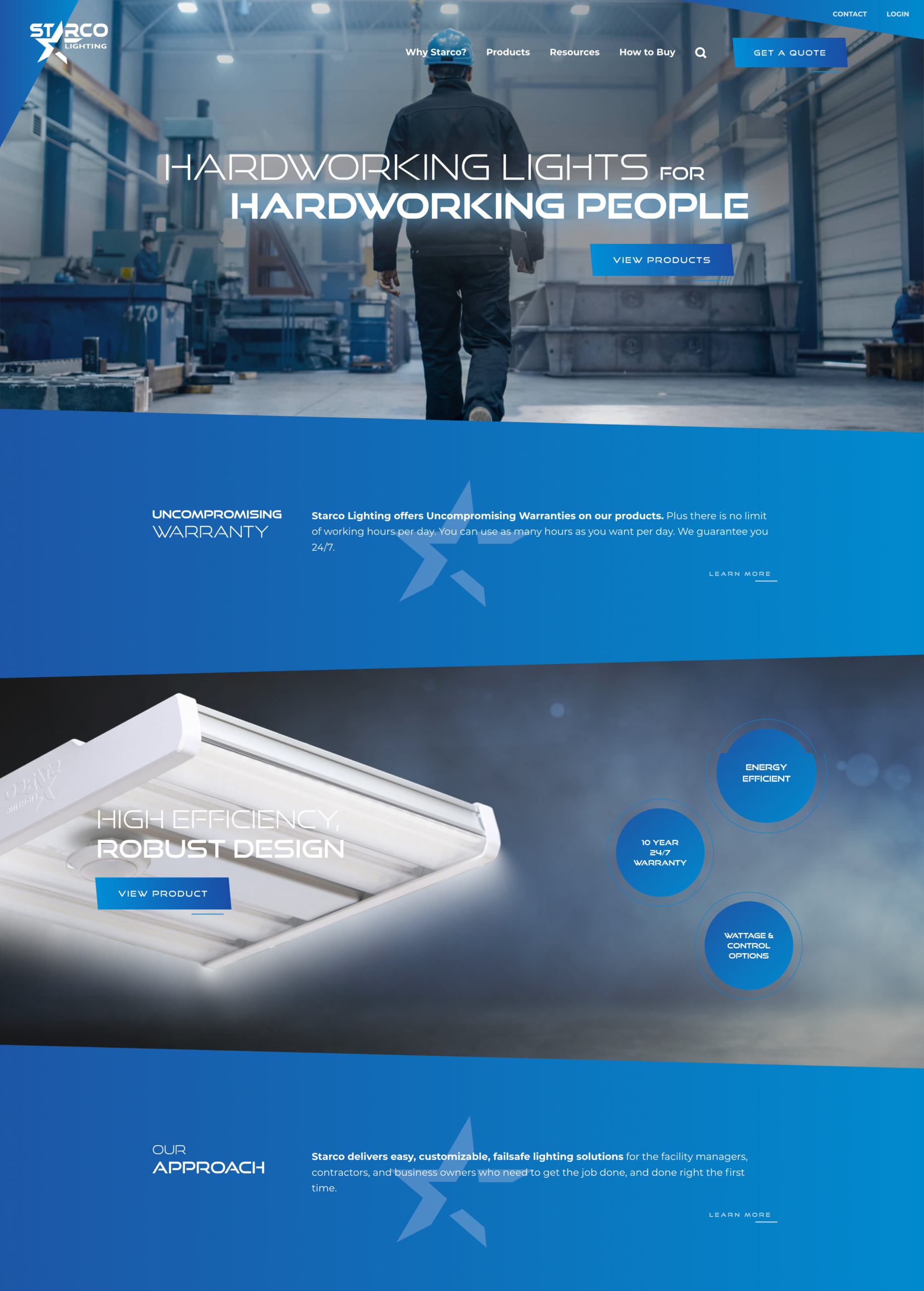 A person in work attire stands in a large industrial facility. The webpage promotes industrial lighting products with sections on warranty, product design, and company approach.