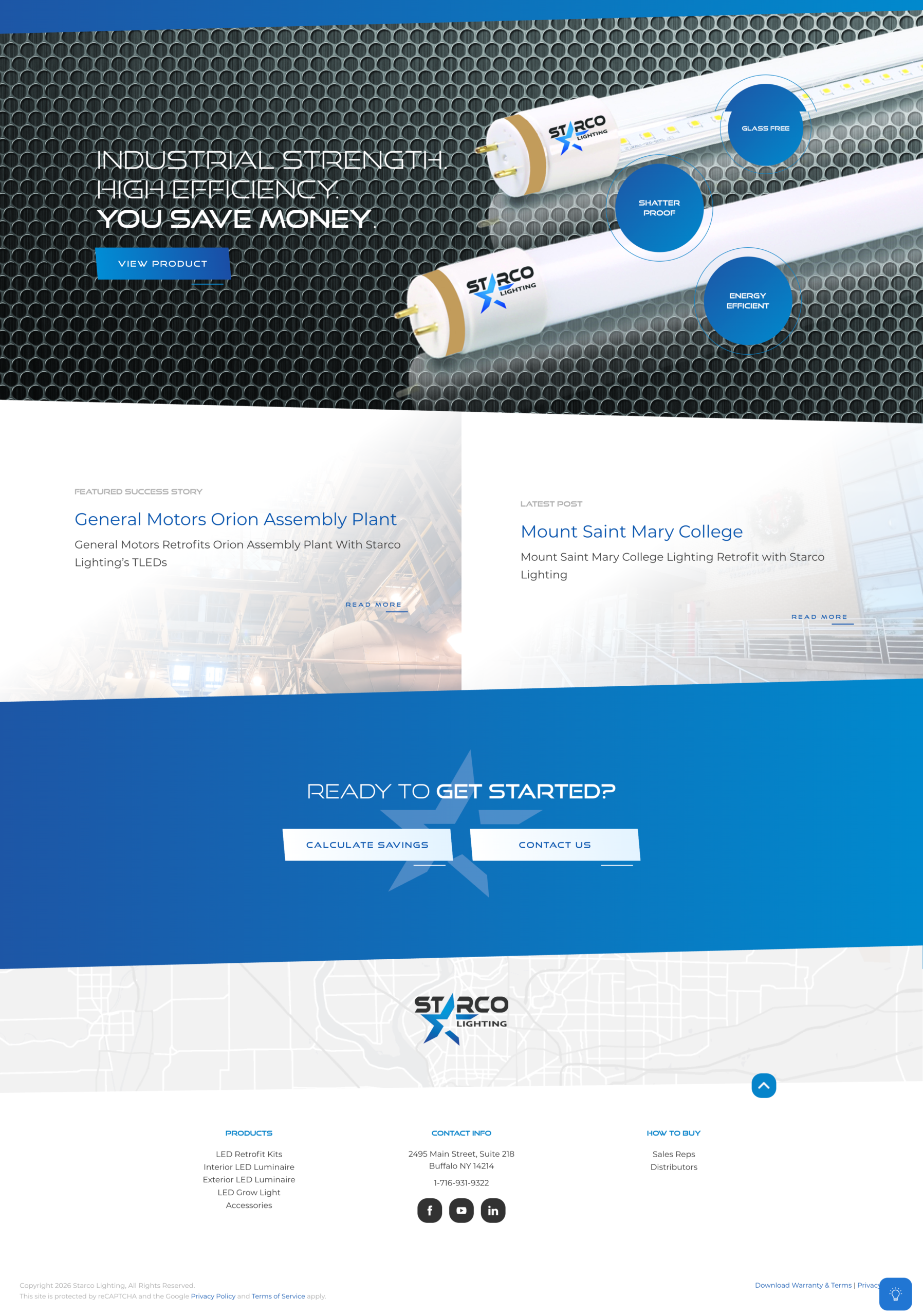 Screenshot of Starco Lighting's homepage featuring LED tubes, company tagline, success stories, and navigation buttons for calculating savings or contacting the company.