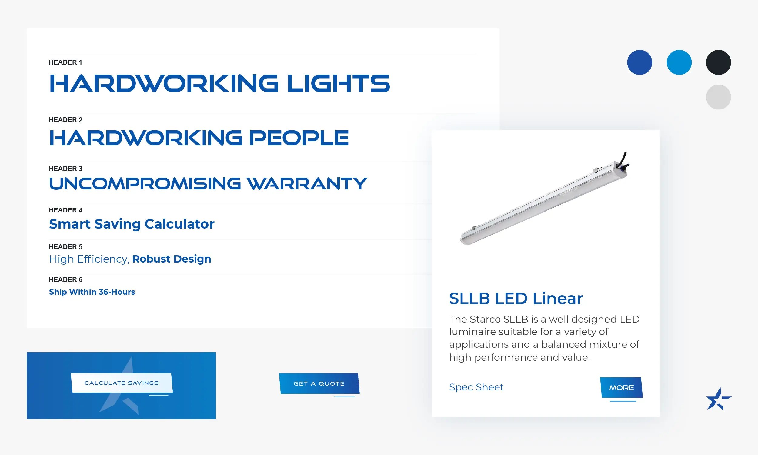 A webpage features sections for hardworking lights, people, and warranty, with a product card highlighting the SLLB LED Linear and options to view a spec sheet or learn more.