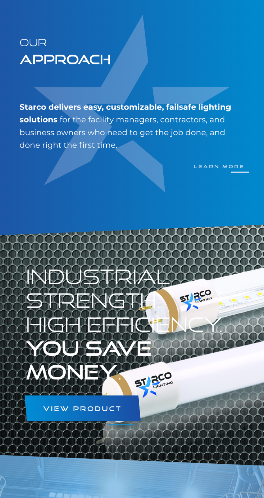 Promotional graphic for Starco lighting solutions featuring LED tube lights, highlighting customizable, efficient, and cost-saving products for facility managers and business owners.