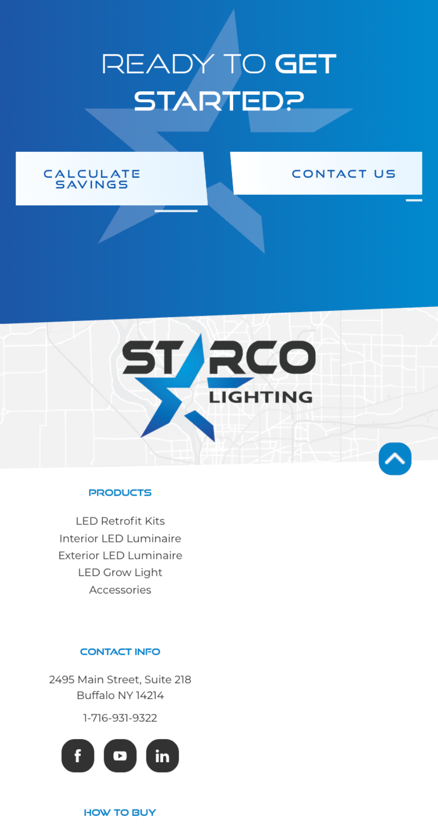 A webpage for Starco Lighting featuring navigation buttons, company logo, product list, contact info, and a "how to buy" section on a blue and white background.