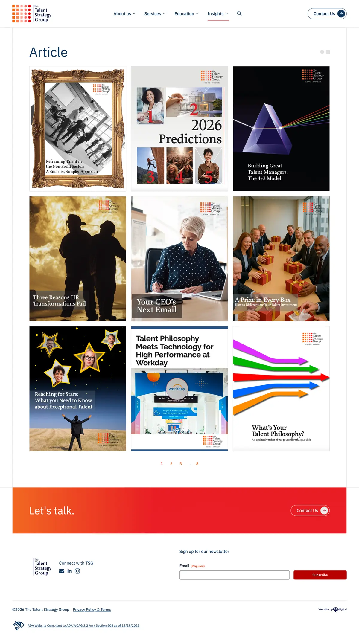 A webpage displays a grid of business article thumbnails with titles, a navigation menu at the top, and a contact form section at the bottom.