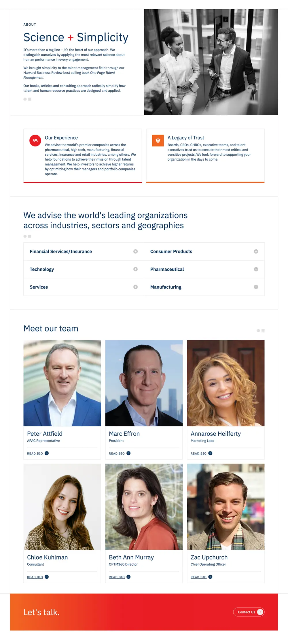 A corporate webpage shows business professionals collaborating, followed by sections on expertise, trust, client industries, and photos of six team members with brief bios.