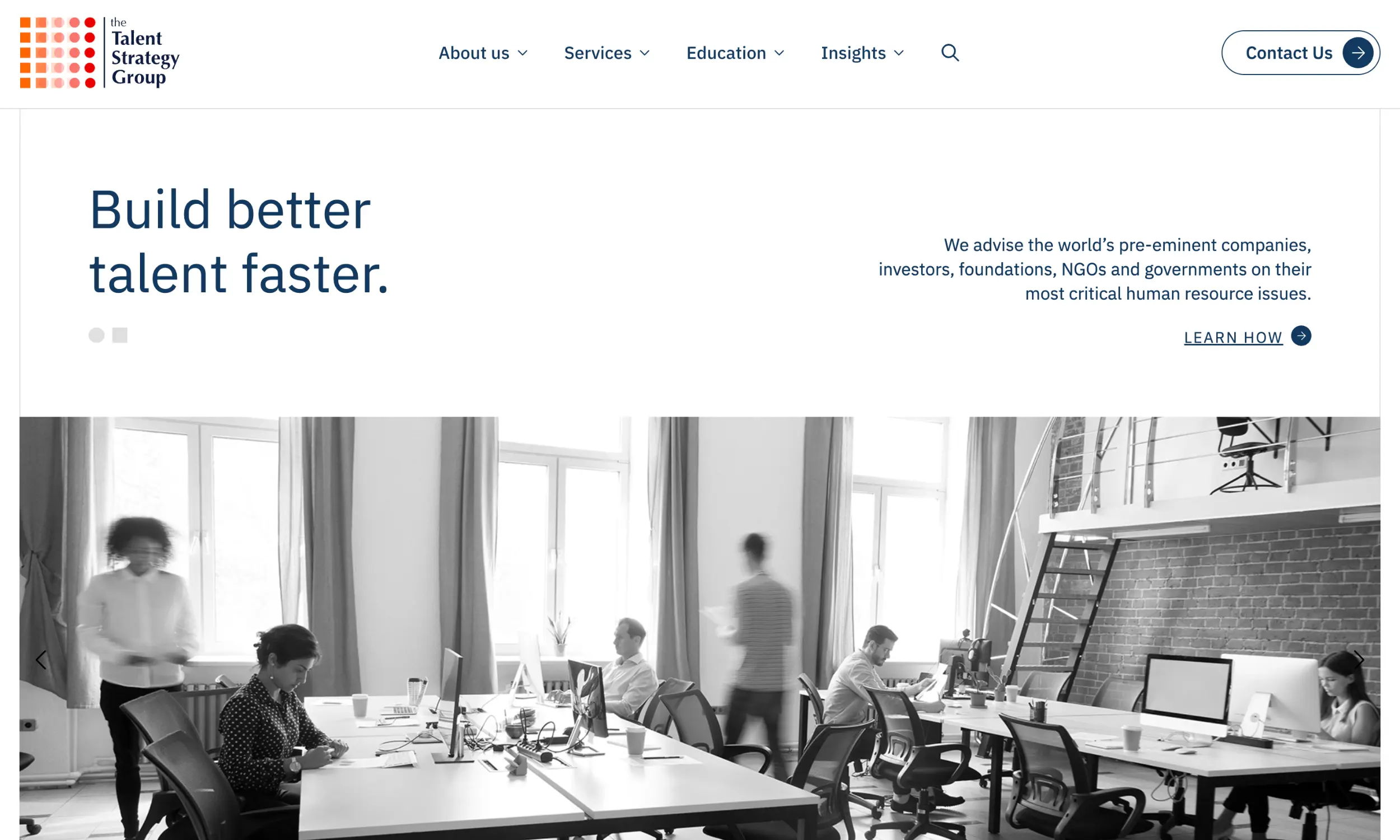 Talent Strategy Group desktop homepage hero with “Build better talent faster.” headline and advisory services overview