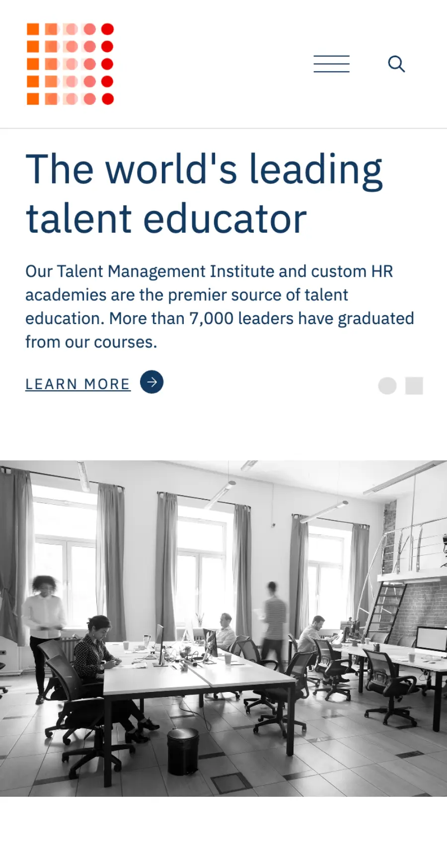 Talent Strategy Group mobile view featuring “The world’s leading talent educator” section and education program highlight