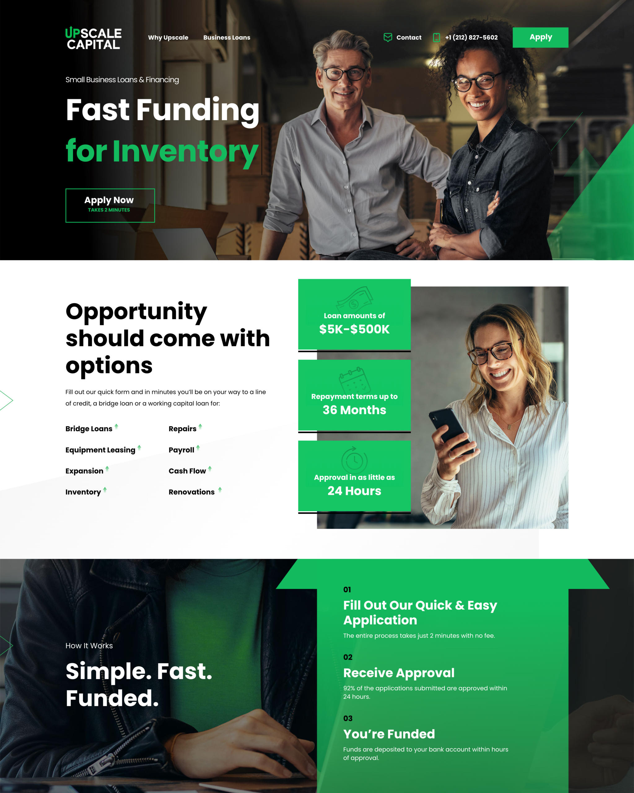 Upscale Capital homepage showing hero banner with “Fast Funding for Inventory,” loan options overview, and three-step application process.
