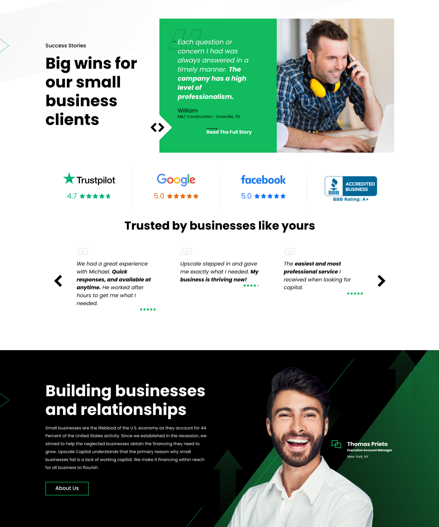 Upscale Capital testimonials section with customer review, ratings badges, and company overview with team member profile.