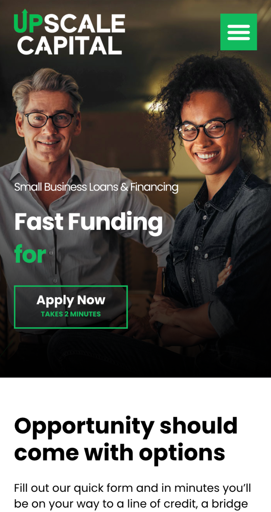 Upscale Capital homepage hero section promoting fast small business funding with apply button.