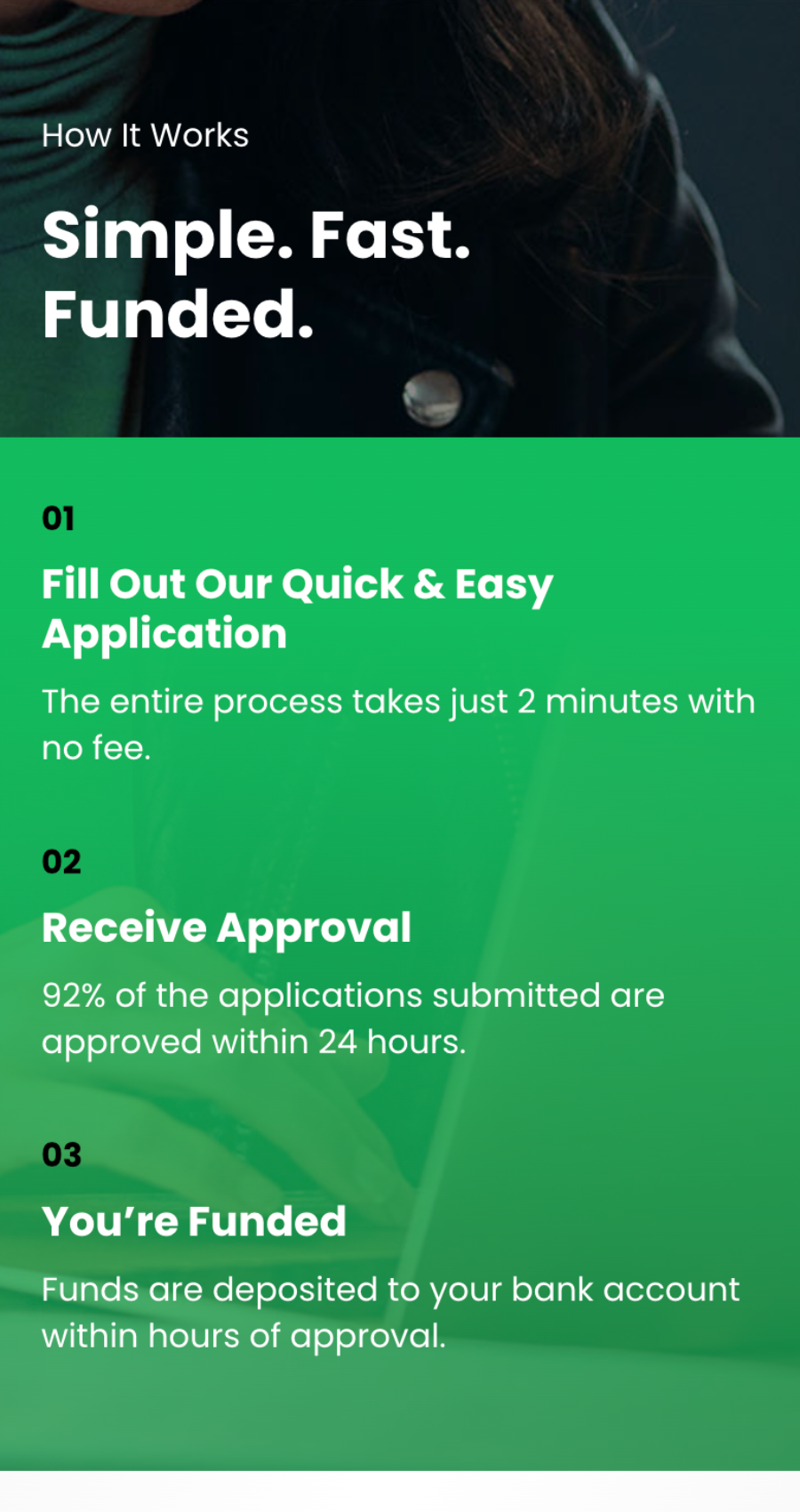 Loan options section highlighting funding amounts, repayment terms, and approval timeline.
