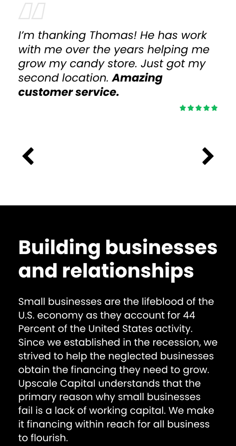 Customer testimonial section with five-star review and navigation arrows.