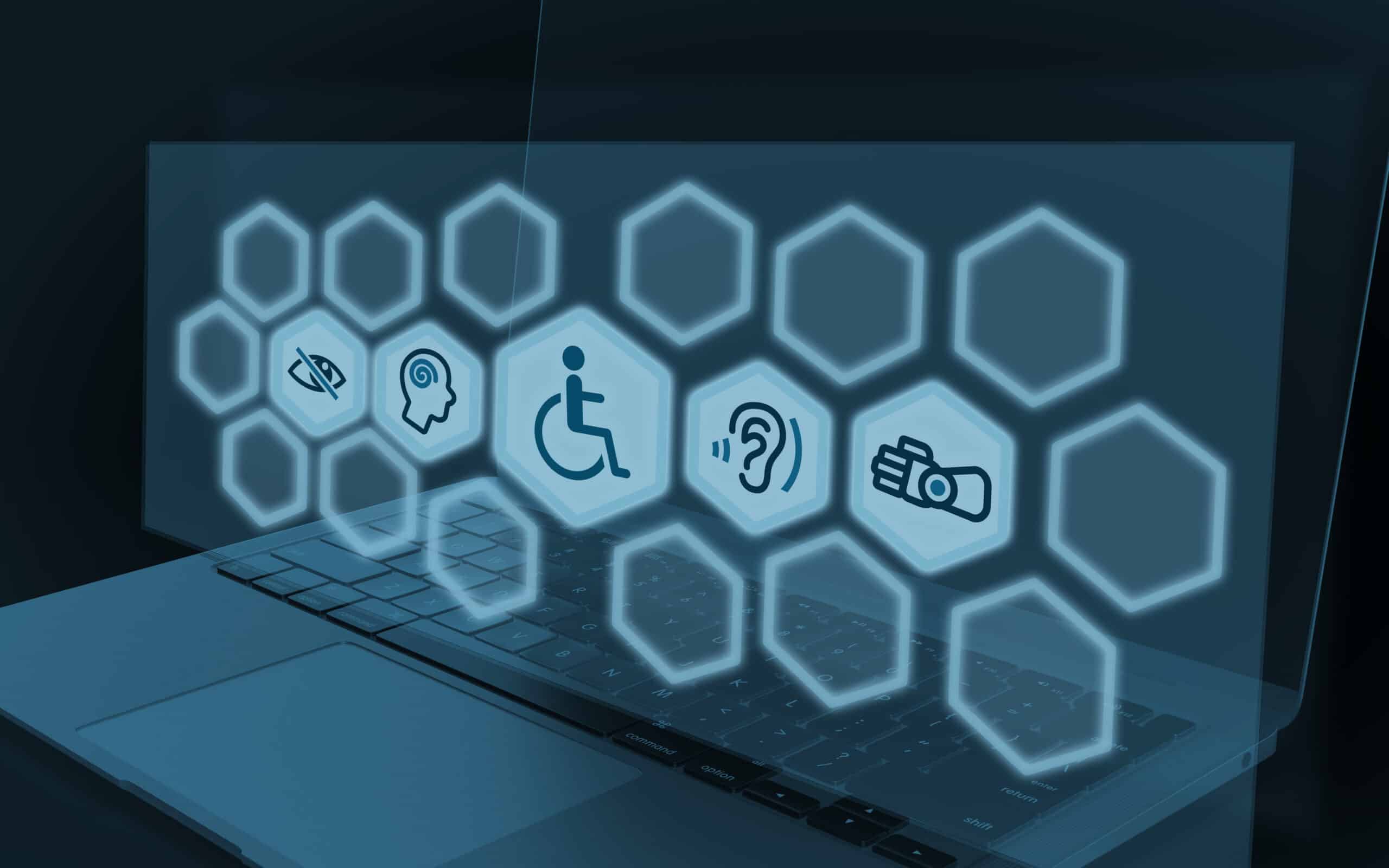 A laptop with floating hexagonal icons representing various accessibility features, such as visual, cognitive, mobility, hearing, and physical assistance.