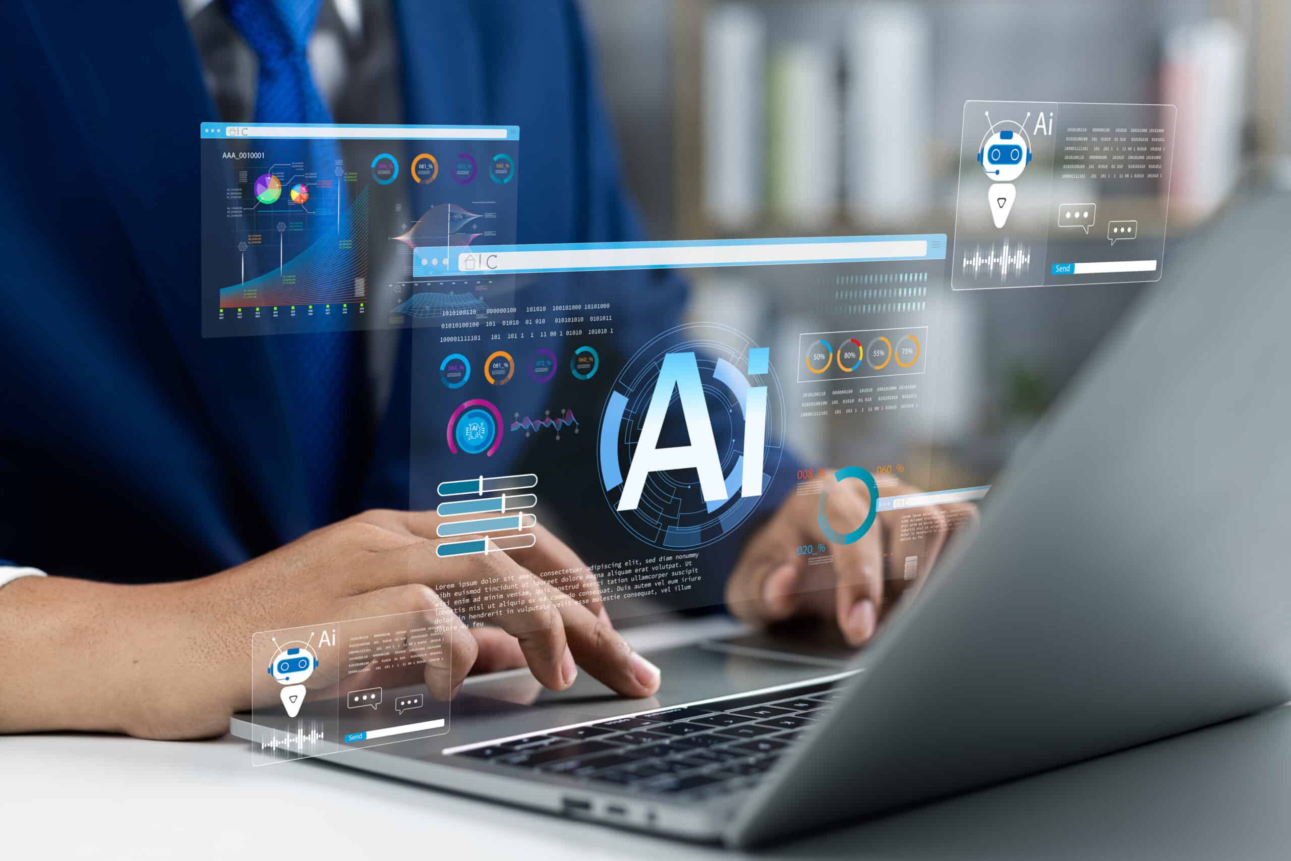 Person in a suit uses a laptop displaying digital AI-related graphics and data charts, suggesting artificial intelligence technology and data analysis. AI for small business.