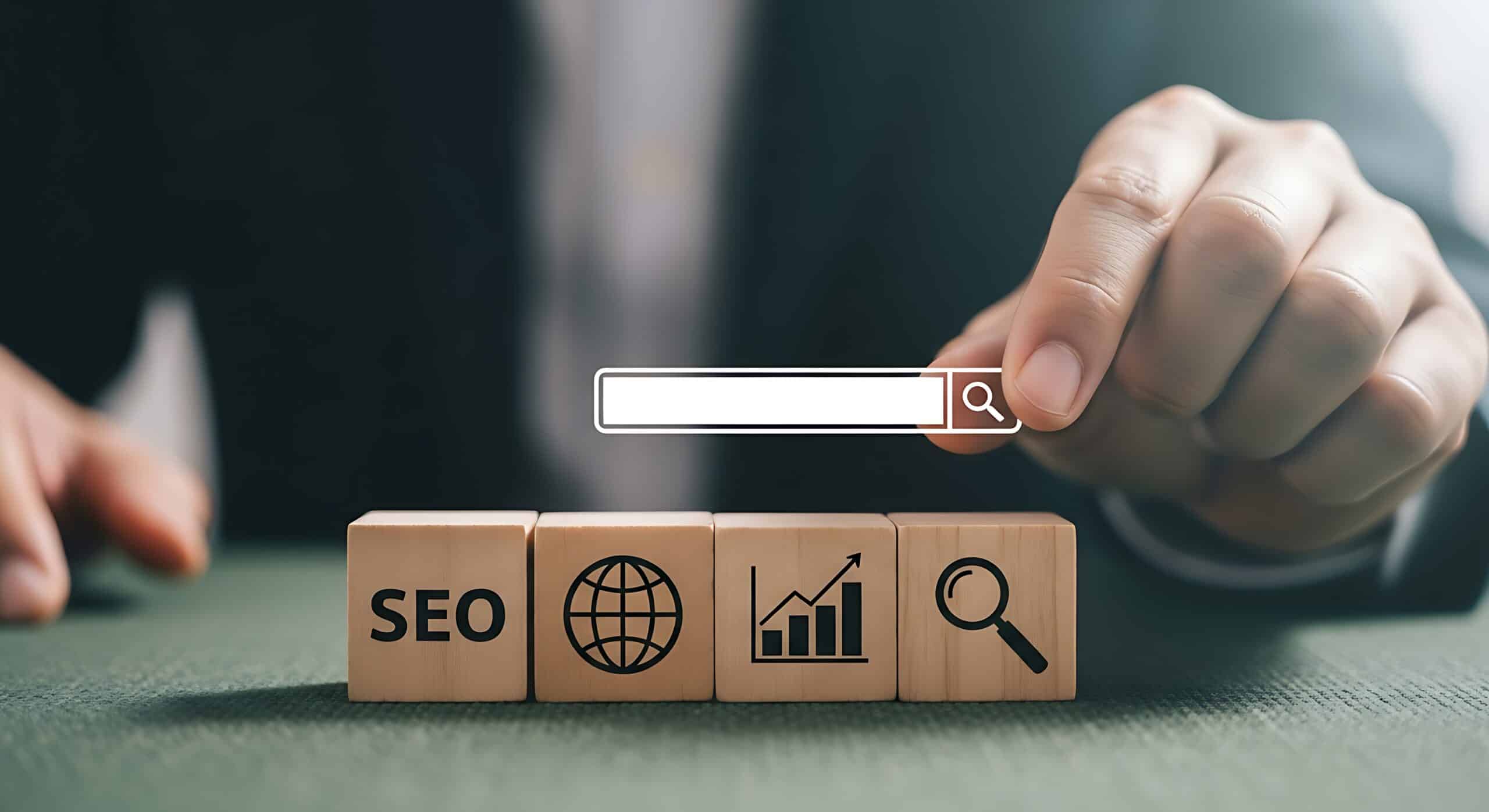 A person in a suit arranges wooden blocks labeled SEO, highlighting icons for internet, analytics, and technical SEO, next to a search bar graphic.