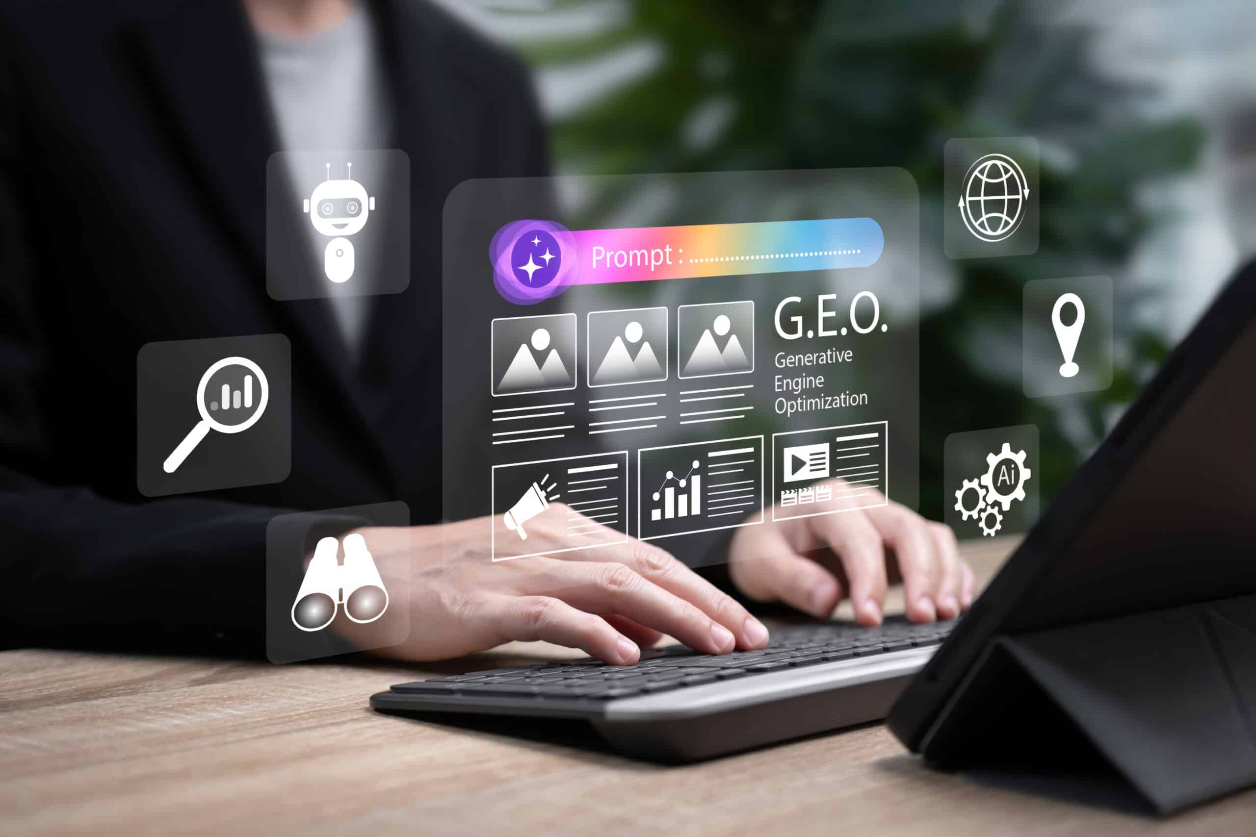 Person typing on a keyboard with a Generative Engine Optimization (GEO) interface and icons, such as a robot, magnifying glass, and globe, displayed above the keyboard.