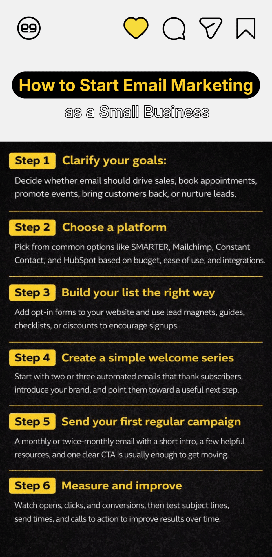 Infographic titled "How to Start Small Business Email Marketing" showing six steps: clarify goals, choose a platform, build a list, create a welcome series, send a campaign, and measure and improve.