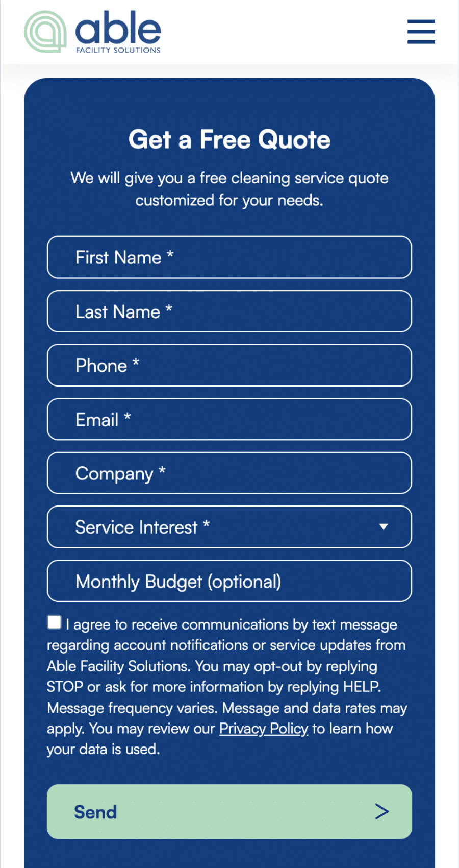 A web form from Able Facility Solutions for requesting a free cleaning service quote, asking for personal and service details, with a privacy policy link and a "Send" button.