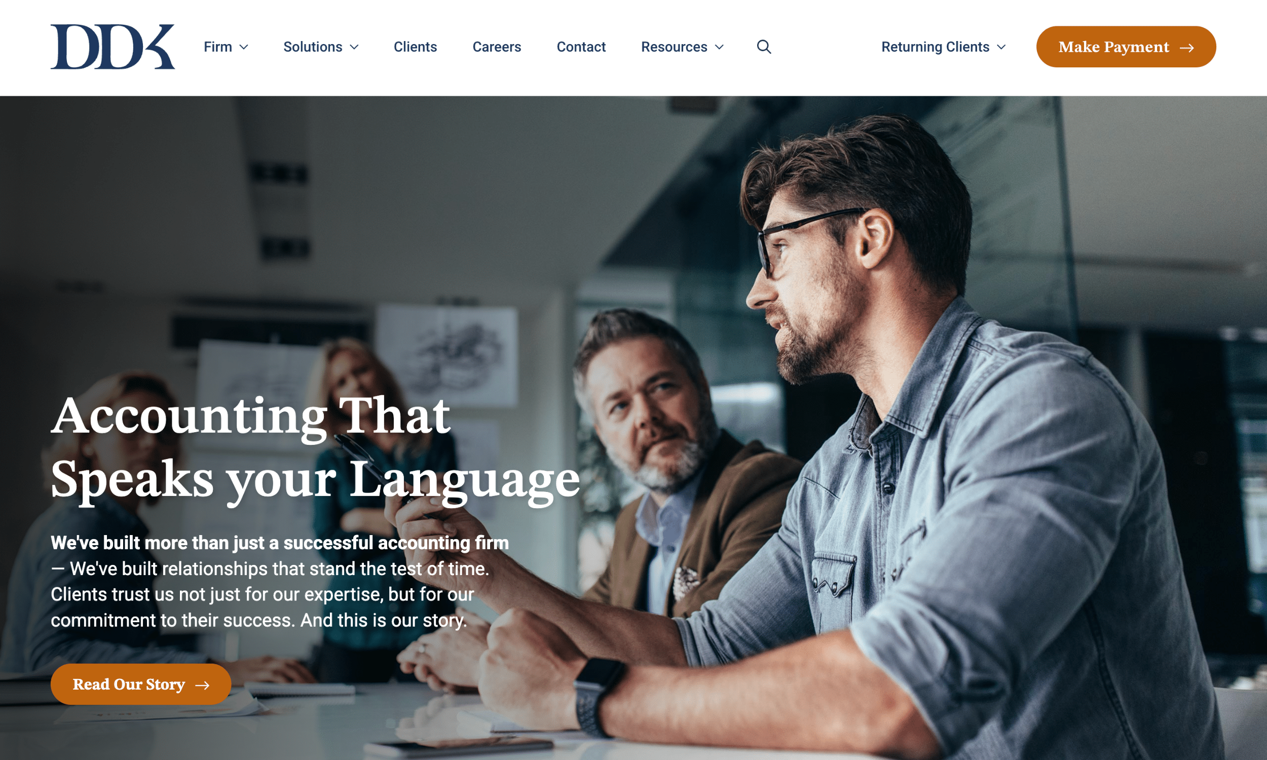 A group of professionals sit around a table in a modern office; text on the image promotes an accounting firm's expertise and client relationships.