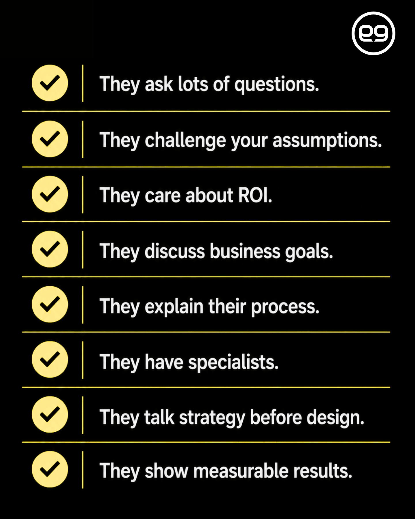 A list of eight characteristics for a successful web design company partnership—like discussing goals and caring about ROI—all marked with a check, to ensure you get more than just an expensive website: questioning, strategy before design, specialists, and proven results.