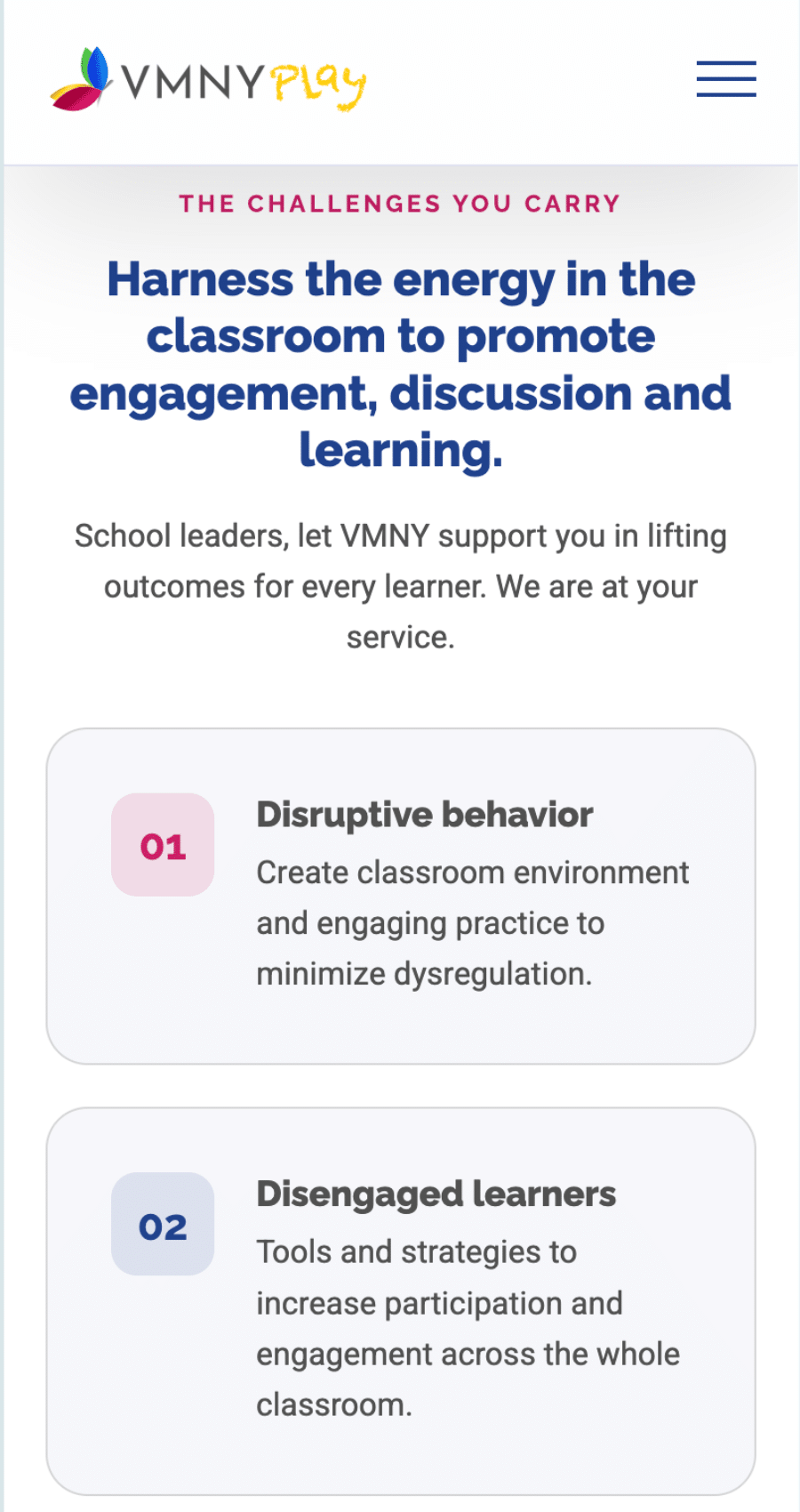 A webpage describing strategies for classroom engagement, featuring sections on disruptive behavior and disengaged learners, with supporting tips for school leaders.