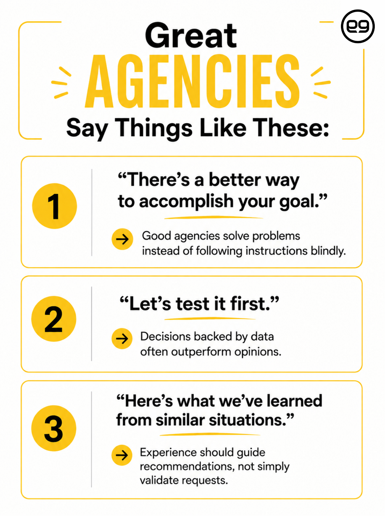 Infographic listing three statements and principles that great agencies use, emphasizing problem-solving, testing, and learning from experience.